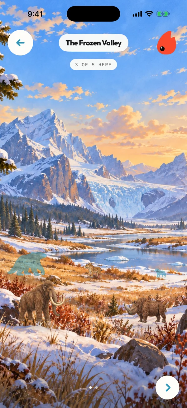 The frozen valley in Ice Age Quest, with a mammoth and a shadow still hiding