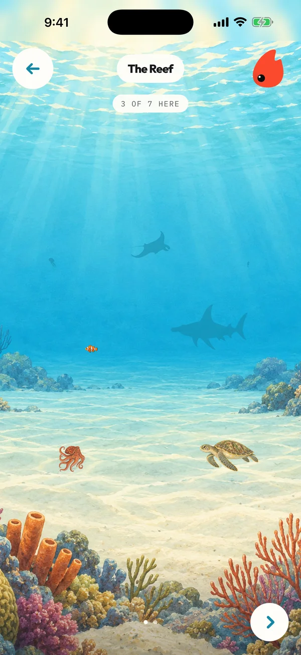 The reef in OceanQuest, with a sea turtle and an octopus