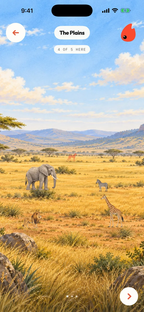 The plains in SavannaQuest, with an elephant, a zebra and a giraffe